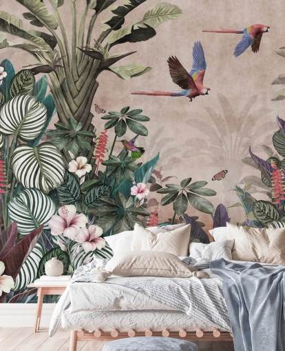 pink parrot wallpaper mural called Parrot Jungle Flight Pink at Wallsauce for bedrooms, living rooms and bathrooms