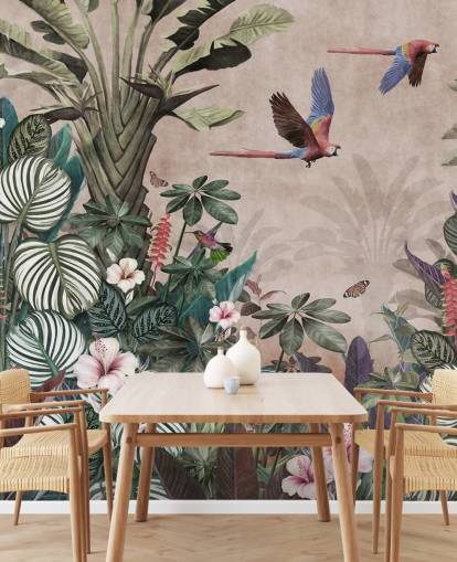 rosa papegoja tapetväggmålning som heter Parrot Jungle Flight Pink på Wallsauce för sovrum, vardagsrum och badrum
