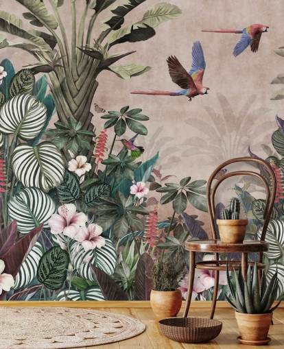 rosafarbenes Papageientapetenwandbild namens Parrot Jungle Flight Pink in Wallsauce für Schlafzimmer, Wohnzimmer und Badezimmer