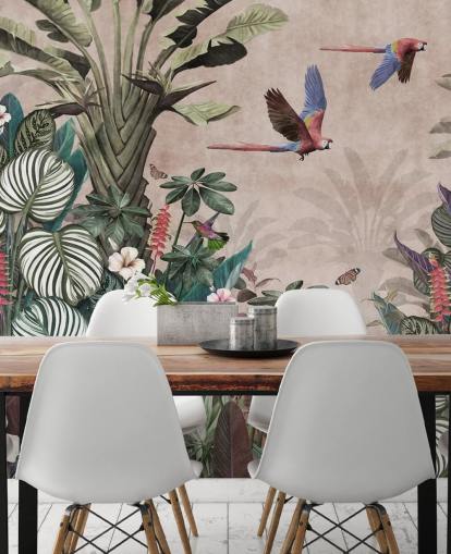 mural de papel pintado de loros rosas llamado Parrot Jungle Flight Pink at Wallsauce para dormitorios, salas de estar y baños