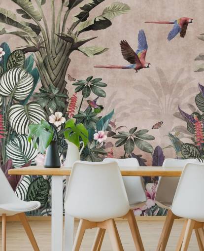 pink parrot wallpaper mural called Parrot Jungle Flight Pink at Wallsauce for bedrooms, living rooms and bathrooms