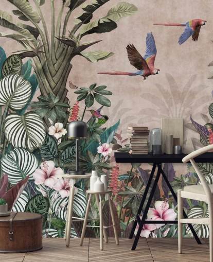 mural de papel de parede de papagaio rosa chamado Parrot Jungle Flight Pink at Wallsauce para quartos, salas de estar e banheiros