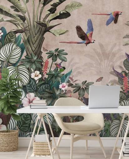rosa papegøye tapet veggmaleri kalt Parrot Jungle Flight Pink på Wallsauce for soverom, stuer og bad