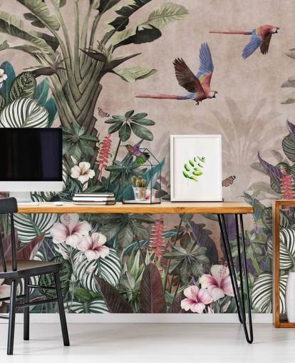 mural de papel de parede de papagaio rosa chamado Parrot Jungle Flight Pink at Wallsauce para quartos, salas de estar e banheiros