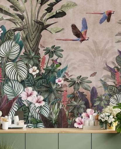 papier peint mural de perroquet rose appelé Parrot Jungle Flight Pink chez Wallsauce pour les chambres, les salons et les salles de bain