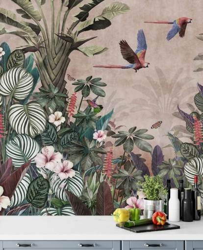 mural de papel de parede de papagaio rosa chamado Parrot Jungle Flight Pink at Wallsauce para quartos, salas de estar e banheiros