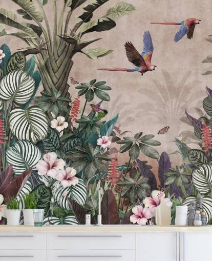 roze papegaai behangmuurschildering genaamd Parrot Jungle Flight Pink bij Wallsauce voor slaapkamers, woonkamers en badkamers roze papegaai behangmuurschildering genaamd Parrot Jungle Flight Pink bij Wallsauce voor slaapkamers, woonkamers en badkamers
