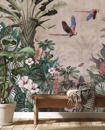 mural de papel de parede de papagaio rosa chamado Parrot Jungle Flight Pink at Wallsauce para quartos, salas de estar e banheiros
