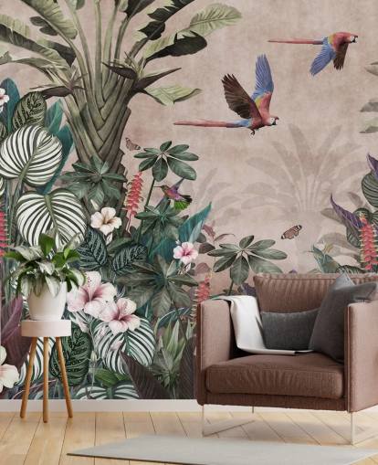 vaaleanpunainen papukaijan taustakuvamaalaus nimeltä Parrot Jungle Flight Pink Wallsaucessa makuuhuoneisiin, olohuoneisiin ja kylpyhuoneisiin vaaleanpunainen papukaijan taustakuvamaalaus nimeltä Parrot Jungle Flight Pink Wallsaucessa makuuhuoneisiin, olohuoneisiin ja kylpyhuoneisiin