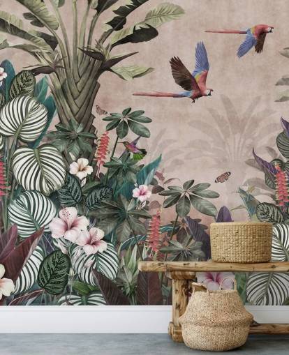 pink parrot wallpaper mural called Parrot Jungle Flight Pink at Wallsauce for bedrooms, living rooms and bathrooms pink parrot wallpaper mural called Parrot Jungle Flight Pink at Wallsauce for bedrooms, living rooms and bathrooms