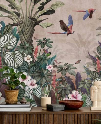 mural de papel pintado de loros rosas llamado Parrot Jungle Flight Pink at Wallsauce para dormitorios, salas de estar y baños mural de papel pintado de loros rosas llamado Parrot Jungle Flight Pink at Wallsauce para dormitorios, salas de estar y baños