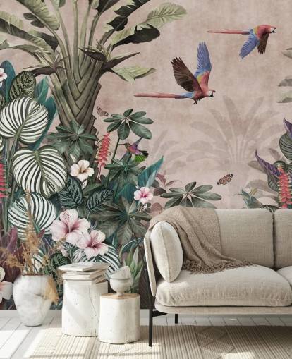 carta da parati murale con pappagallo rosa chiamata Parrot Jungle Flight Pink at Wallsauce per camere da letto, salotti e bagni