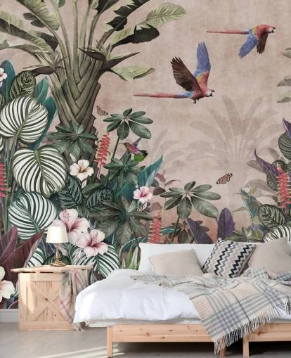 pink parrot wallpaper mural called Parrot Jungle Flight Pink at Wallsauce for bedrooms, living rooms and bathrooms