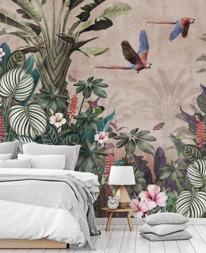 rosa papegøye tapet veggmaleri kalt Parrot Jungle Flight Pink på Wallsauce for soverom, stuer og bad rosa papegøye tapet veggmaleri kalt Parrot Jungle Flight Pink på Wallsauce for soverom, stuer og bad