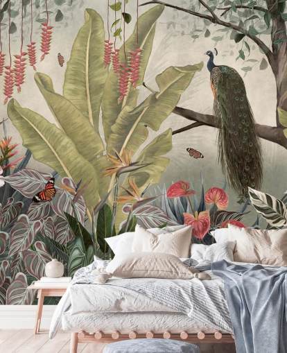 mural de papel de parede de pavão chamado Peacock in the Jungle at Wallsauce para quartos, salas de estar e salas de jantar