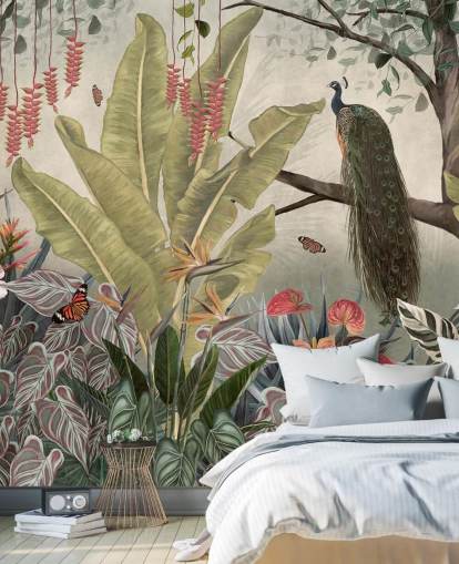 carta da parati murale con pavone chiamato Peacock in the Jungle at Wallsauce per camere da letto, salotti e sale da pranzo