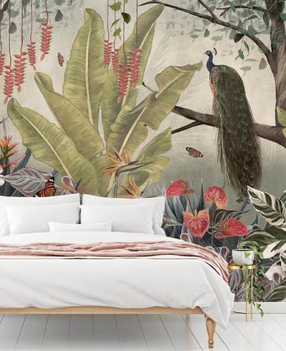 pauw muurschildering genaamd Peacock in the Jungle at Wallsauce voor slaapkamers, woonkamers en eetkamers pauw muurschildering genaamd Peacock in the Jungle at Wallsauce voor slaapkamers, woonkamers en eetkamers