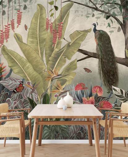 papier peint mural en forme de paon appelé Peacock in the Jungle at Wallsauce pour les chambres, les salons et les salles à manger