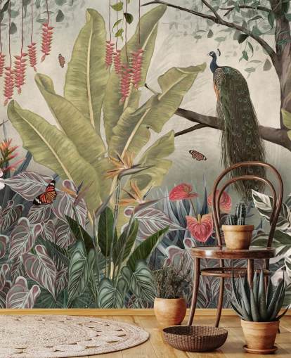 mural de papel pintado de pavo real llamado Peacock in the Jungle at Wallsauce para dormitorios, salas de estar y comedores