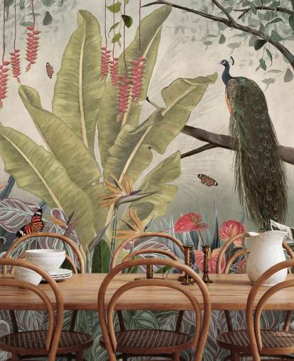 peacock wallpaper mural called Peacock in the Jungle at Wallsauce for bedrooms, living rooms and dining rooms
