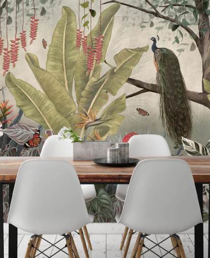 pauw muurschildering genaamd Peacock in the Jungle at Wallsauce voor slaapkamers, woonkamers en eetkamers pauw muurschildering genaamd Peacock in the Jungle at Wallsauce voor slaapkamers, woonkamers en eetkamers