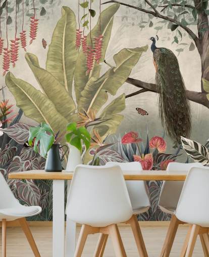 pauw muurschildering genaamd Peacock in the Jungle at Wallsauce voor slaapkamers, woonkamers en eetkamers pauw muurschildering genaamd Peacock in the Jungle at Wallsauce voor slaapkamers, woonkamers en eetkamers