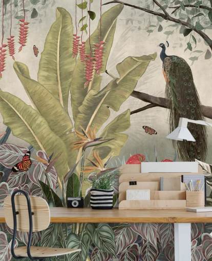 papier peint mural en forme de paon appelé Peacock in the Jungle at Wallsauce pour les chambres, les salons et les salles à manger