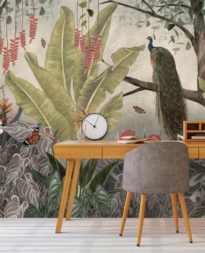 Pfauentapete namens Pfau im Dschungel in Wallsauce für Schlafzimmer, Wohnzimmer und Esszimmer Pfauentapete namens Pfau im Dschungel in Wallsauce für Schlafzimmer, Wohnzimmer und Esszimmer