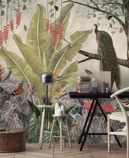 carta da parati murale con pavone chiamato Peacock in the Jungle at Wallsauce per camere da letto, salotti e sale da pranzo carta da parati murale con pavone chiamato Peacock in the Jungle at Wallsauce per camere da letto, salotti e sale da pranzo