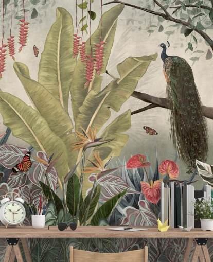 Pfauentapete namens Pfau im Dschungel in Wallsauce für Schlafzimmer, Wohnzimmer und Esszimmer