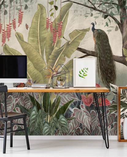 peacock wallpaper mural called Peacock in the Jungle at Wallsauce for bedrooms, living rooms and dining rooms