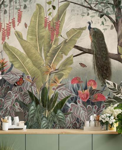 mural de papel pintado de pavo real llamado Peacock in the Jungle at Wallsauce para dormitorios, salas de estar y comedores