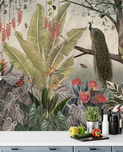 pauw muurschildering genaamd Peacock in the Jungle at Wallsauce voor slaapkamers, woonkamers en eetkamers