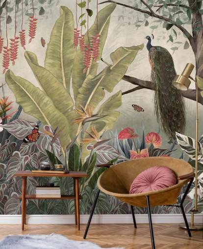 carta da parati murale con pavone chiamato Peacock in the Jungle at Wallsauce per camere da letto, salotti e sale da pranzo