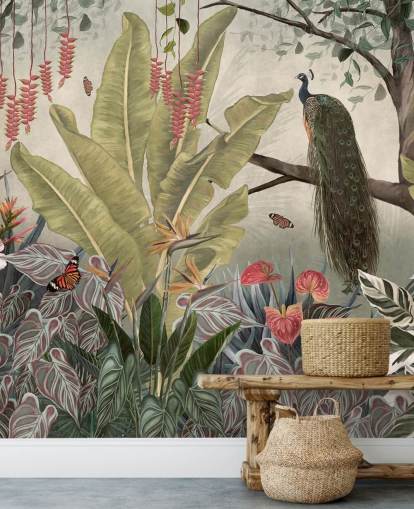 pauw muurschildering genaamd Peacock in the Jungle at Wallsauce voor slaapkamers, woonkamers en eetkamers pauw muurschildering genaamd Peacock in the Jungle at Wallsauce voor slaapkamers, woonkamers en eetkamers
