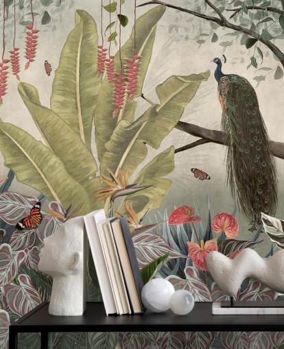 peacock wallpaper mural called Peacock in the Jungle at Wallsauce for bedrooms, living rooms and dining rooms