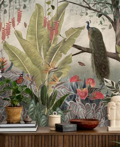 peacock wallpaper mural called Peacock in the Jungle at Wallsauce for bedrooms, living rooms and dining rooms