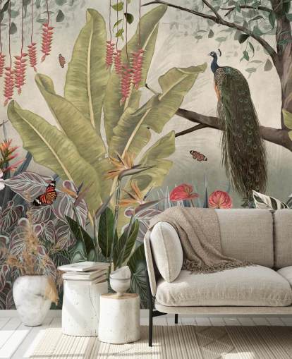 pauw muurschildering genaamd Peacock in the Jungle at Wallsauce voor slaapkamers, woonkamers en eetkamers pauw muurschildering genaamd Peacock in the Jungle at Wallsauce voor slaapkamers, woonkamers en eetkamers