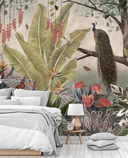 carta da parati murale con pavone chiamato Peacock in the Jungle at Wallsauce per camere da letto, salotti e sale da pranzo carta da parati murale con pavone chiamato Peacock in the Jungle at Wallsauce per camere da letto, salotti e sale da pranzo