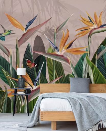 pink and green tropical wallpaper mural called Tropical Forest Flowers and Birds Pink at Wallsauce for bedrooms and living rooms