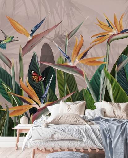 pink and green tropical wallpaper mural called Tropical Forest Flowers and Birds Pink at Wallsauce for bedrooms and living rooms