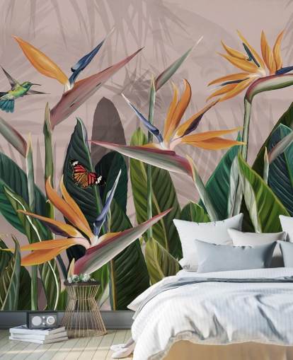 carta da parati tropicale rosa e verde chiamata Tropical Forest Flowers and Birds Pink at Wallsauce per camere da letto e salotti
