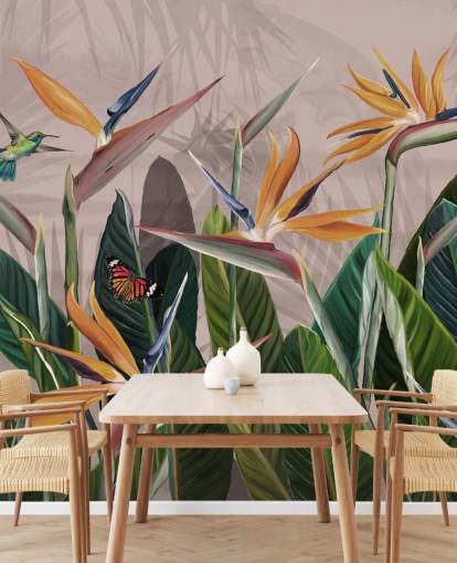 rosafarbenes und grünes tropisches Tapeten-Wandbild mit dem Titel Tropical Forest Flowers and Birds Pink in Wallsauce für Schlafzimmer und Wohnzimmer