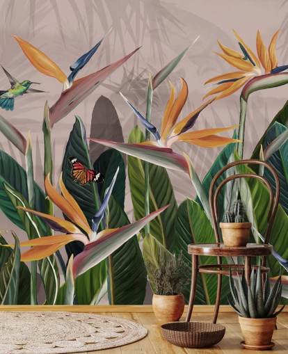 rosa og grønt tropisk tapetmaleri kalt Tropical Forest Flowers and Birds Pink på Wallsauce for soverom og stuer