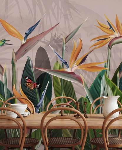 mural de papel pintado tropical rosa y verde llamado Tropical Forest Flowers and Birds Pink at Wallsauce para dormitorios y salas de estar