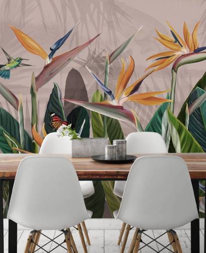 pink and green tropical wallpaper mural called Tropical Forest Flowers and Birds Pink at Wallsauce for bedrooms and living rooms pink and green tropical wallpaper mural called Tropical Forest Flowers and Birds Pink at Wallsauce for bedrooms and living rooms