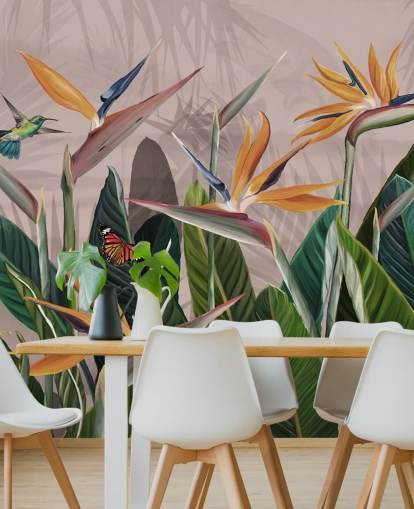 rosa og grønt tropisk tapetmaleri kalt Tropical Forest Flowers and Birds Pink på Wallsauce for soverom og stuer