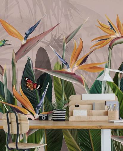 rosa och grön tropisk tapet väggmålning kallad Tropical Forest Flowers and Birds Pink på Wallsauce för sovrum och vardagsrum rosa och grön tropisk tapet väggmålning kallad Tropical Forest Flowers and Birds Pink på Wallsauce för sovrum och vardagsrum