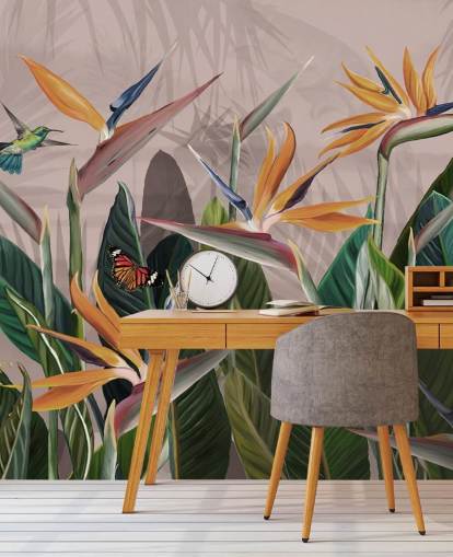 roze en groene tropische behangmuurschildering genaamd Tropical Forest Flowers and Birds Pink at Wallsauce voor slaapkamers en woonkamers roze en groene tropische behangmuurschildering genaamd Tropical Forest Flowers and Birds Pink at Wallsauce voor slaapkamers en woonkamers
