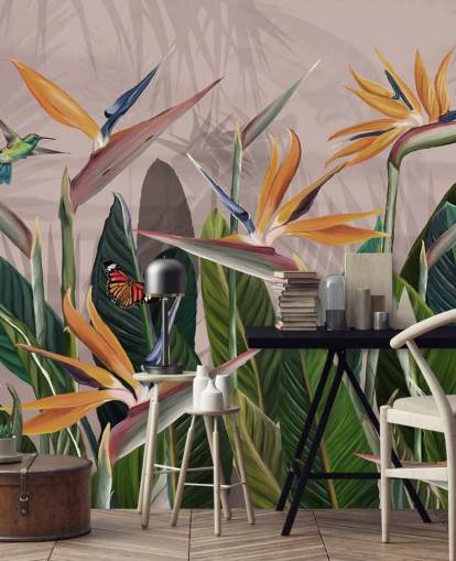 pink and green tropical wallpaper mural called Tropical Forest Flowers and Birds Pink at Wallsauce for bedrooms and living rooms